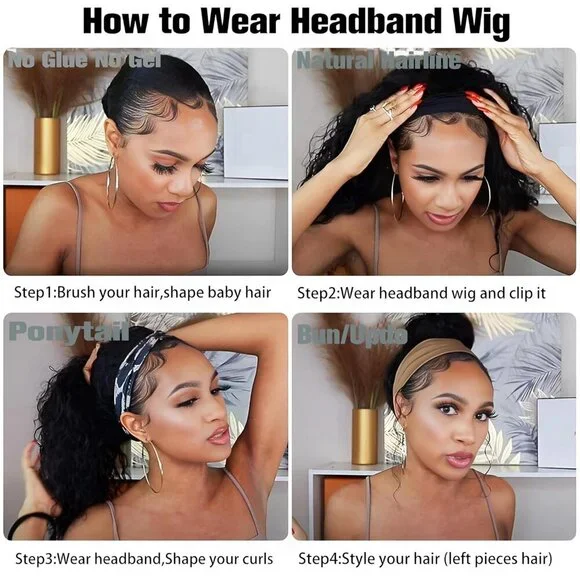 Curly Human Hair Headband Wig 20Inch Glueless Tangle-Free Natural Color